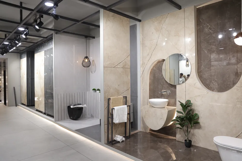 Designer bathroom vignette with marble tiles at BGH